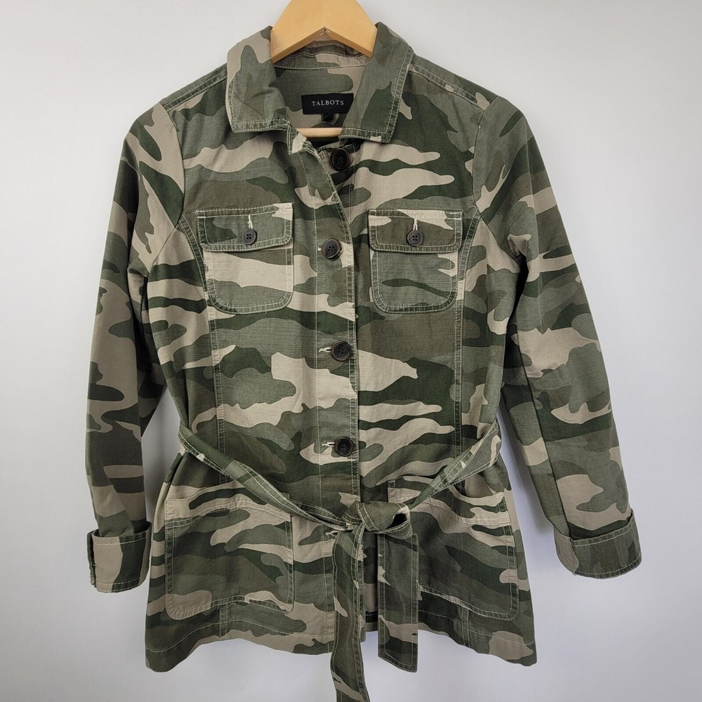 Talbots Jacket Womens Size XS Army Green Camo Utility Button Up Tie Belt Pockets